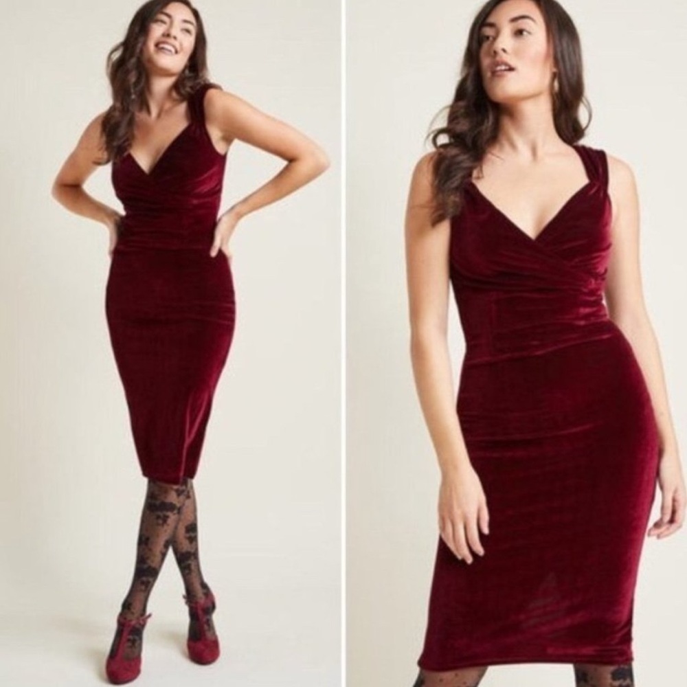 ModCloth Steady Merlot Velvet Pinup Dress RARE